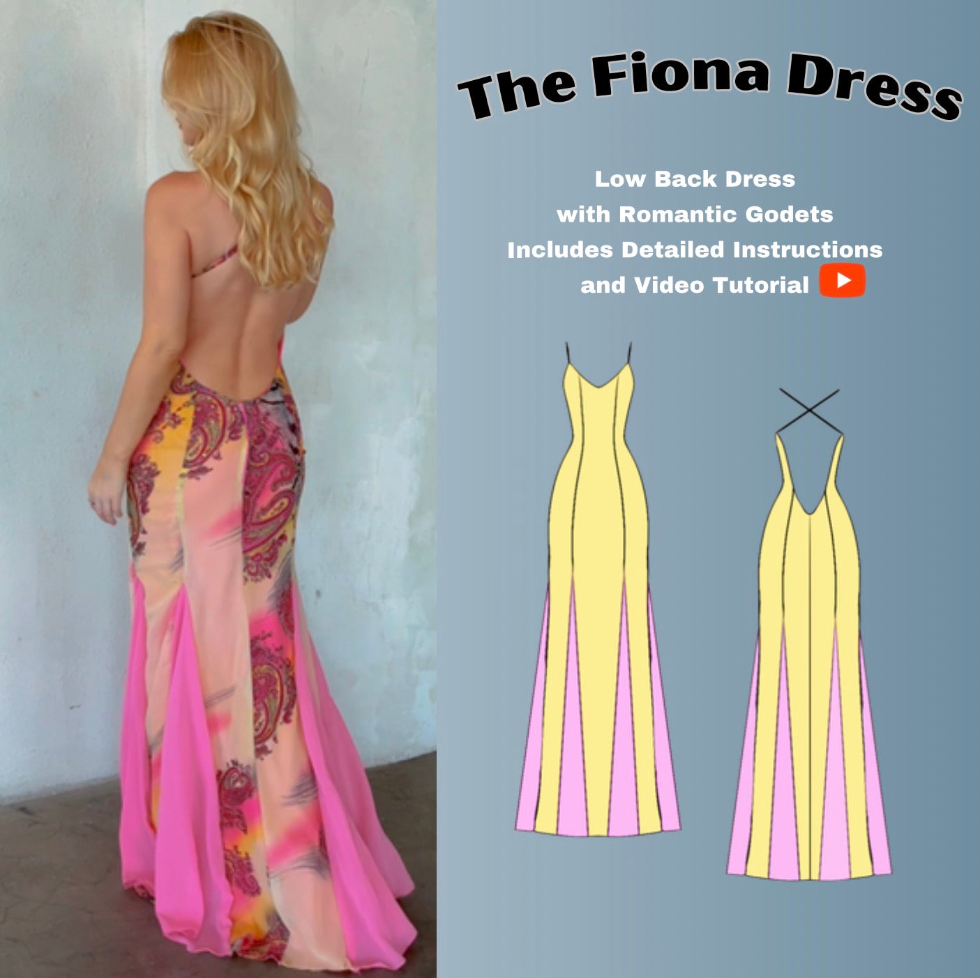 Low Back Dress PDF Digital Sewing Pattern with Romantic Godets Long Formal Gown